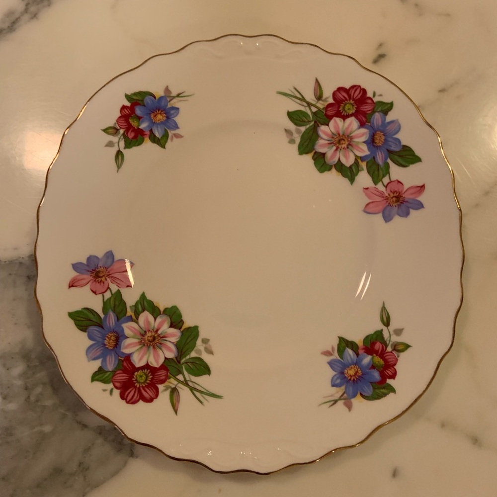 Vintage Royal Vale Bone China Handled Cake Plate Pink & Purple Floral 9.5”